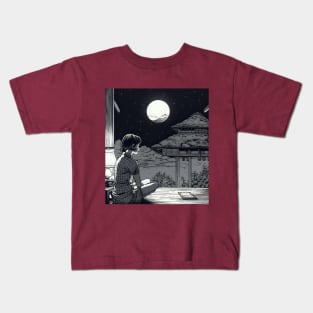 Lonely woman looking at moon on balcony Kids T-Shirt